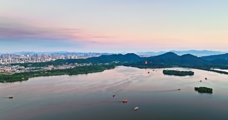 Aerial view of the beautiful West Lake natural scenery at sunset in Hangzhou, China. 
