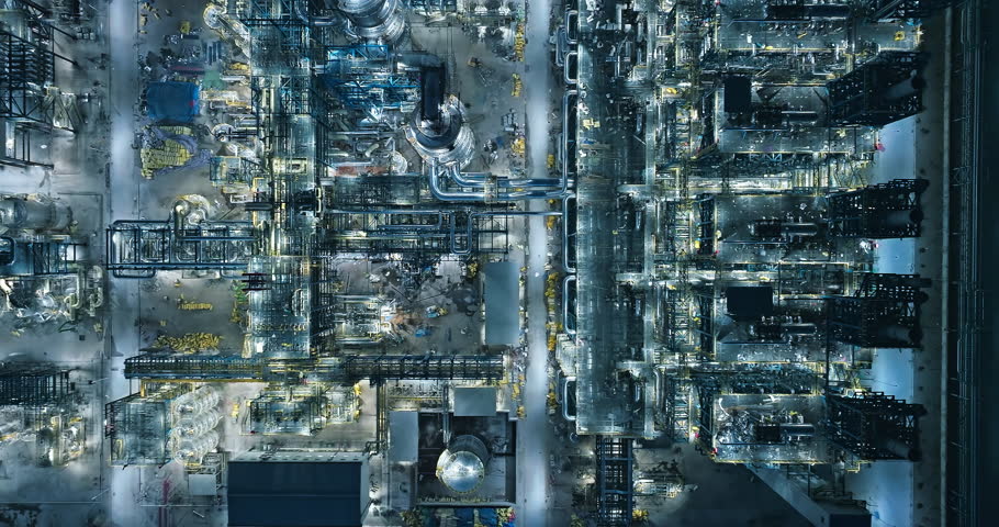 Aerial view of oil and gas petrochemical industrial with Refinery factory. industrial area buildings scenery at night. High Angle view. Royalty-Free Stock Footage #1102092331