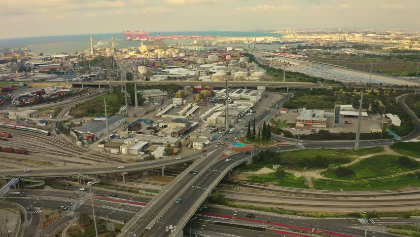 Haifa skyline Carmel panoramic aerial, industrial port, drone view, 4k Israel