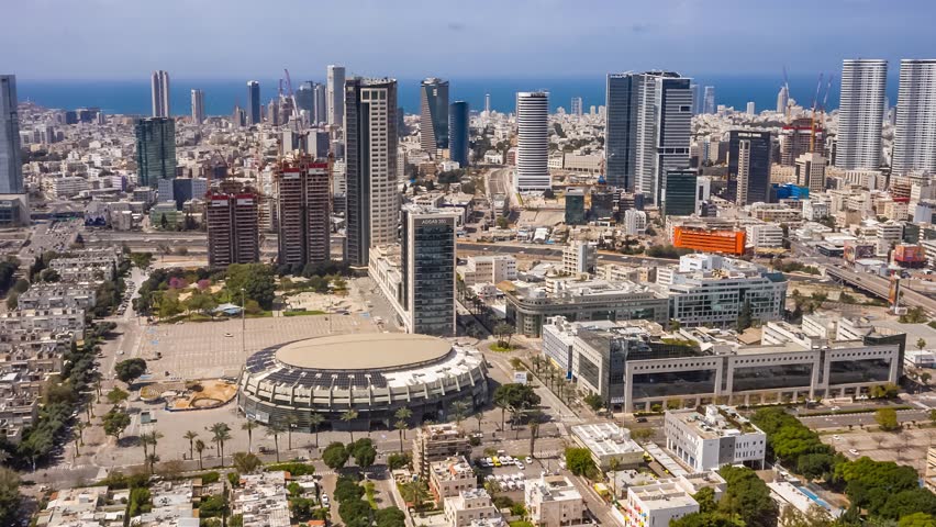 Tel Aviv aerial skyline view on a clear day - 4k hyperlapse time lapse drone footage, Israel