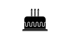 Black Cake with burning candles icon isolated on white background. Happy Birthday. 4K Video motion graphic animation.