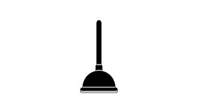 Black Rubber plunger with wooden handle for pipe cleaning icon isolated on white background. Toilet plunger. 4K Video motion graphic animation.