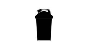 Black Fitness shaker icon isolated on white background. Sports shaker bottle with lid for water and protein cocktails. 4K Video motion graphic animation.