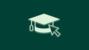 White Graduation cap with cursor icon isolated on green background. World education symbol. Online learning or e-learning concept. 4K Video motion graphic animation.