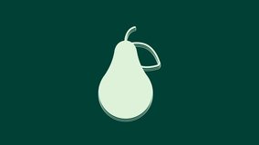 White Pear icon isolated on green background. Fruit with leaf symbol. 4K Video motion graphic animation.