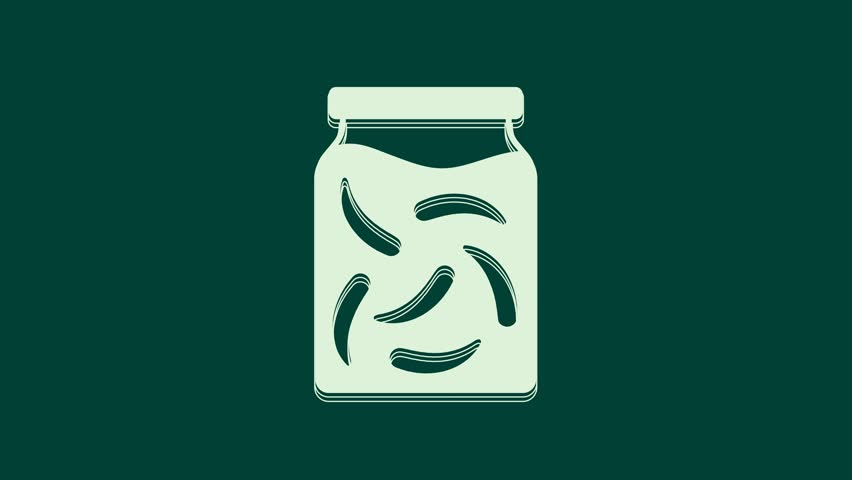 White Pickled cucumbers in a jar icon isolated on green background. 4K Video motion graphic animation.