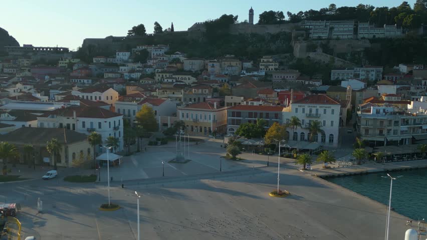 Aerial around the city Nafplion in Greece. On a sunny day in autumn