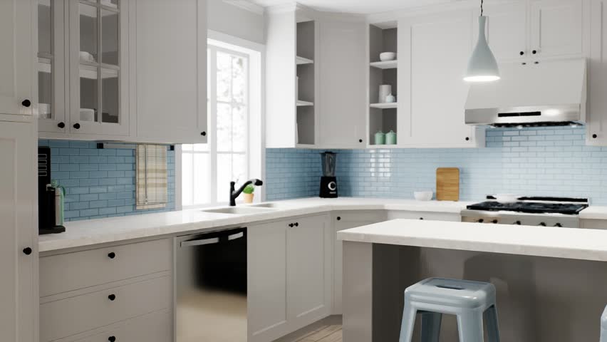 Spacious bright kitchen with a blue apron and blue chairs. 3d animation. Dishwasher in a white kitchen with other appliances and utensils. 3D Illustration Royalty-Free Stock Footage #1102105573