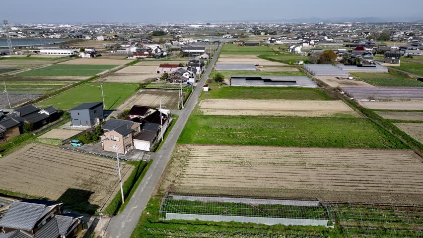 Aerial view of suburban homes and rice fields on edge of sprawling town on sunny day Royalty-Free Stock Footage #1102106119