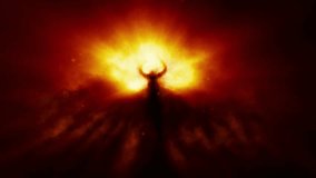 Spooky dark angel 2D animation. Horned demon stands inside gloom. Mysterious light inside murk. Horror fantasy genre. Scary character from nightmares. Creepy video clip. Orange and black background. - Powered by Shutterstock - Get 15% off with code: PIKWIZARD15
