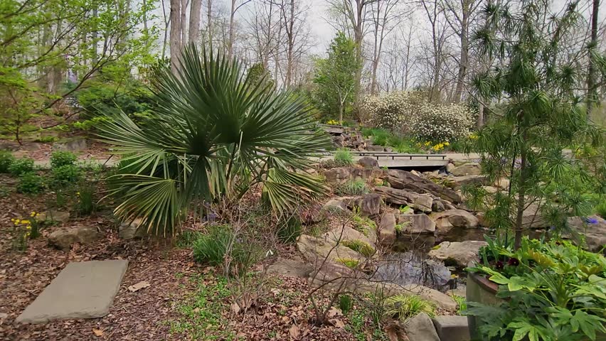 footage of a waterfall with large rocks surrounded by colorful flowers, lush green trees, plants and grass on a cloudy day at Atlanta Botanical Gardens in Gainesville Georgia USA
