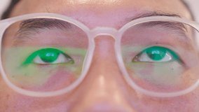 The dark-skinned man's face and eyes, a closer look, saw only two eyes wearing white eyeglasses. High quality video 4K ProRes422HQ