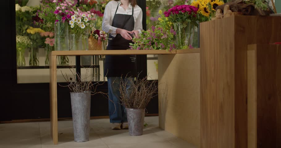 Florist Having Talk With Customer Client In Shop. Smiling Female In Apron At Work, Consult And Serve Client. Different Various Bouquets in The Background. Cropped Customer Buy Flower In Basket Royalty-Free Stock Footage #1102111091