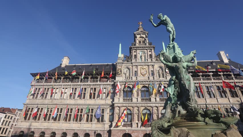 The City Hall (Dutch: Stadhuis van Antwerpen) of Antwerp, Belgium. High quality 4k footage