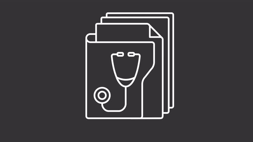 Animated med history white line icon. Medical record. Loop HD video with chroma key, alpha channel on transparent background, black solid background. Outline motion graphic animation