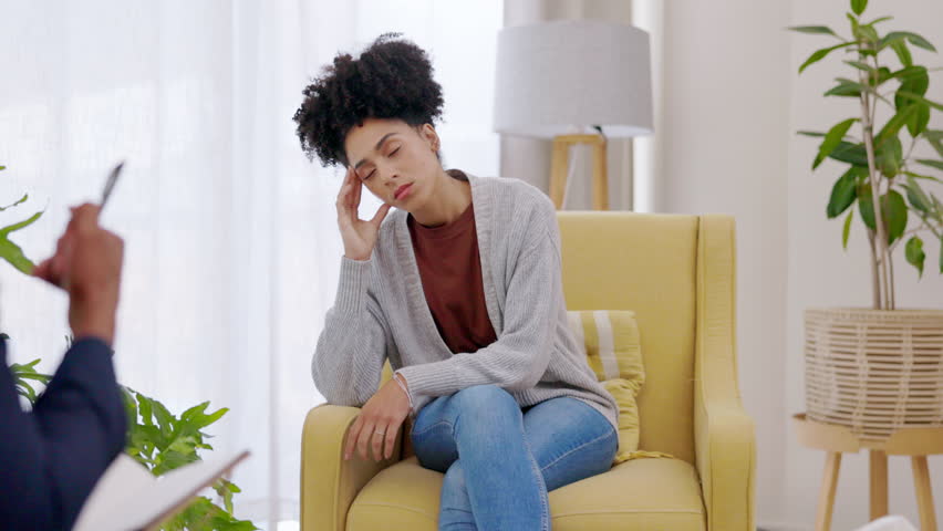 Woman, counseling and psychologist consulting patient for depression, mental health support and therapy. Female client, psychology and help of anxiety, trauma and life coach advice for stress problem | Shutterstock HD Video #1102116621