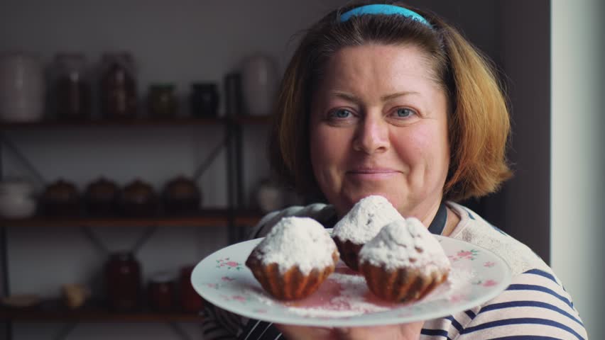 Slow motion. The pastry chef holds a plate of perfect cupcakes sprinkled with powdered sugar and smiles. Close-up on cupcakes. Appetizing footage with dessert