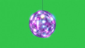 Disco ball spinning loop seamless with flares purple blue yellow Colors. Looped 3d animation of discoball turning on green background. Loop-able isolated retro mirrorball motion. 4K UHD 3840x2160