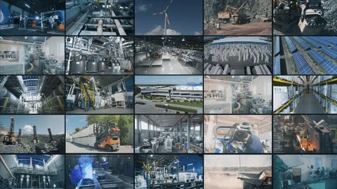 Modern technological plant. Modern equipment in the factory. Industrial interior. Industrial theme collage Video Stok
