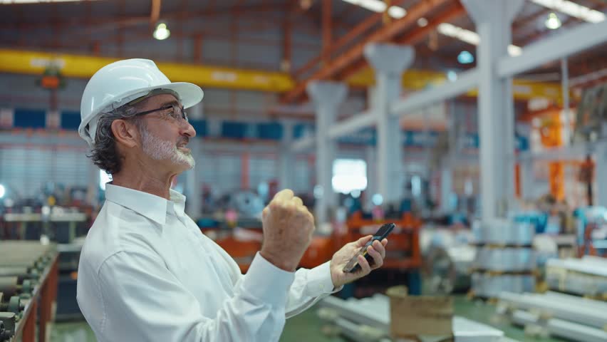 Engineer manager leader man wearing helmet typing on smartphone hands up to celebrate for good news or success of work at manufacturing factory