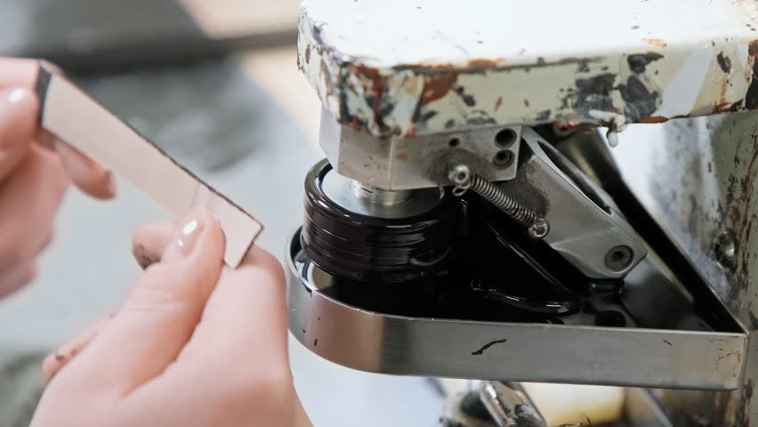 Employee coloring watch strap. Close-up of painting watchband. Employee works at factory. Industry concept. Leather strap. 4K, UHD