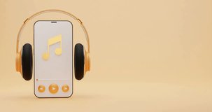 Yellow and white wireless headphone with smartphone run music application on yellow background Concept for online music, radio, listening to podcasts, books at full volume.3d illustration  4k video
