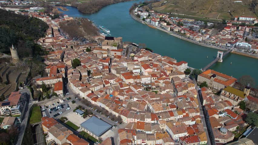 Aerial of the old town of Tournon-sur-Rhonein in France on a sunny day in late winter.