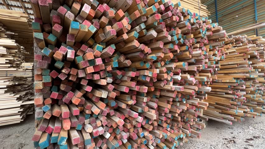Multicolored sticks on the sawmill under the canopy.