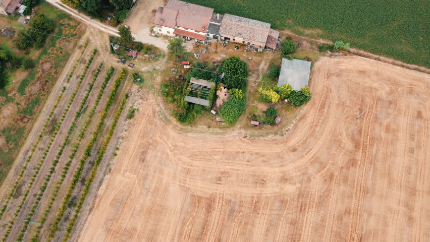 flying over rolling hills with fields in a rural countryside. Aerial view of summer field