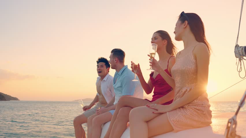 Group of diverse friends drink champagne while having a party in yacht. Attractive young men and women hanging out, celebrating holiday vacation trip while catamaran boat sailing during summer sunset. Royalty-Free Stock Footage #1102136453