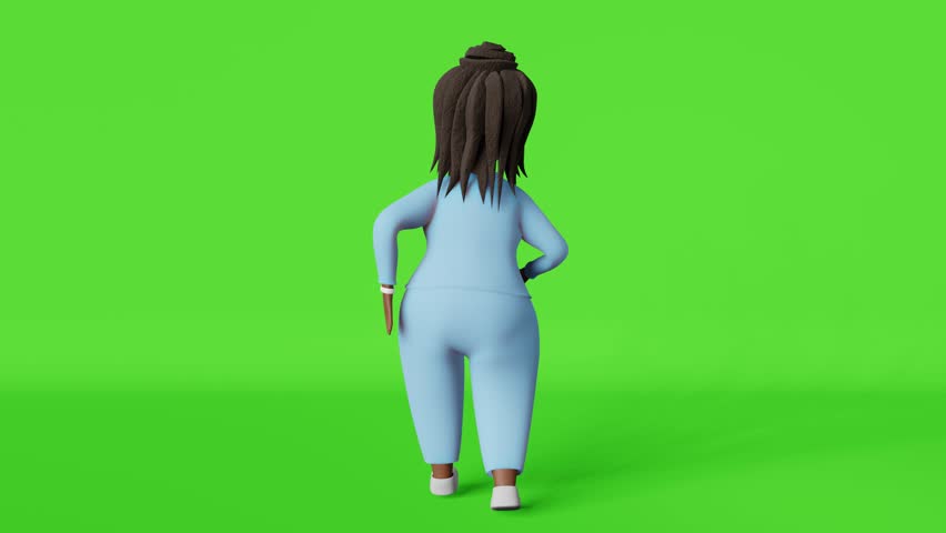 African American body positive woman 3D animation character racewalking 4K loop back view chromakey. Multiracial plus size diverse girl in sportswear walking cycle. Active lifestyle weight loss walk.
