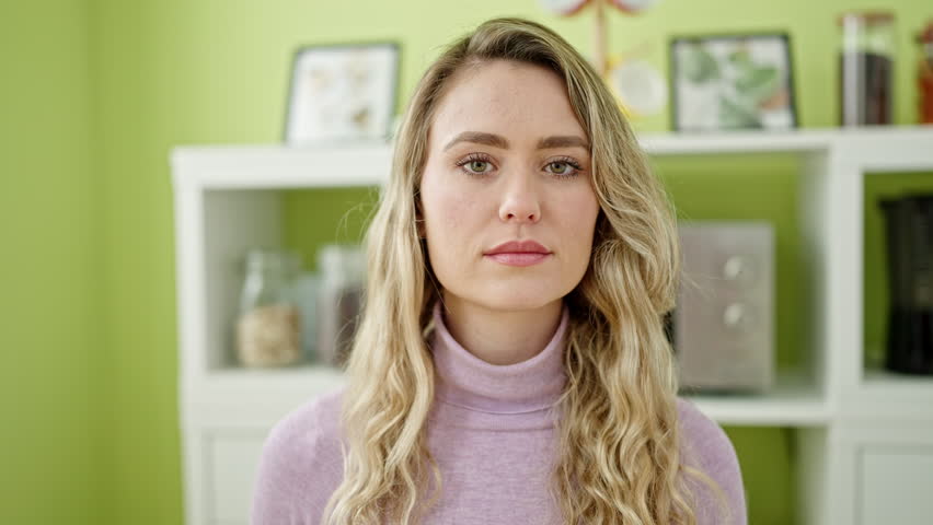 Young blonde woman holding glass of orange juice sitting on table at dinning room