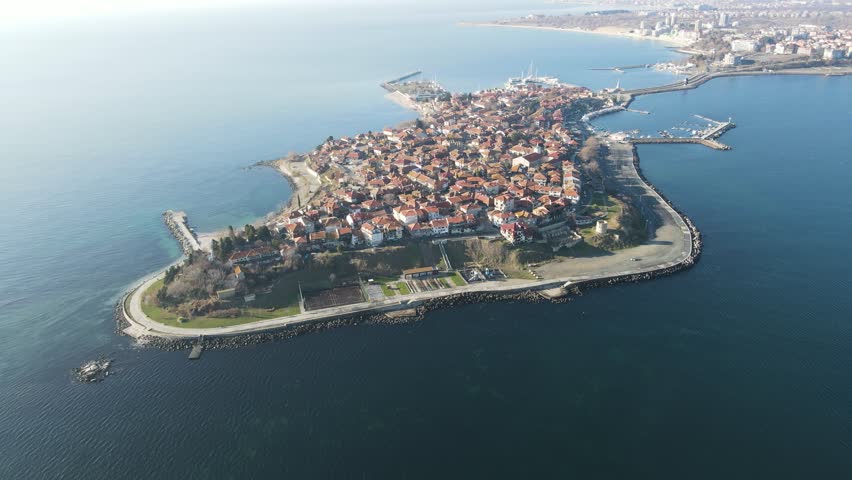 Aerial Sunrise view town of Nessebar, Burgas Region, Bulgaria 