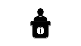 Black Information desk icon isolated on white background. Man silhouette standing at information desk. Help person. Information counter. 4K Video motion graphic animation.
