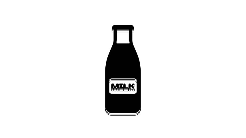 Black Closed glass bottle with milk and cap icon isolated on white background. 4K Video motion graphic animation.