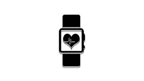 Black Smart watch showing heart beat rate icon isolated on white background. Fitness App concept. 4K Video motion graphic animation.