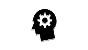 Black Human head with gear inside icon isolated on white background. Artificial intelligence. Thinking brain. Symbol work of brain. 4K Video motion graphic animation.