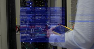 Animation of stock market and financial data processing over caucasian man by computer server. Global business, finances, computing and data processing concept digitally generated video.