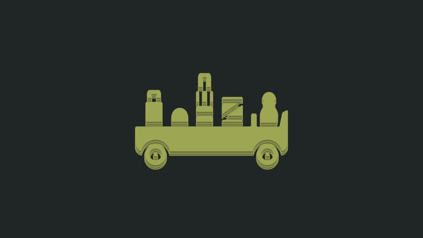 Green Airport luggage towing truck icon isolated on black background. Airport luggage delivery car. 4K Video motion graphic animation.