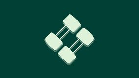 White Dumbbell icon isolated on green background. Muscle lifting, fitness barbell, sports equipment. 4K Video motion graphic animation.