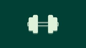 White Dumbbell icon isolated on green background. Muscle lifting, fitness barbell, sports equipment. 4K Video motion graphic animation.