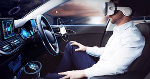 Animation of digital icons over businessman wearing vr headset in self driving car. global network of connections and technology concept, digitally generated video.