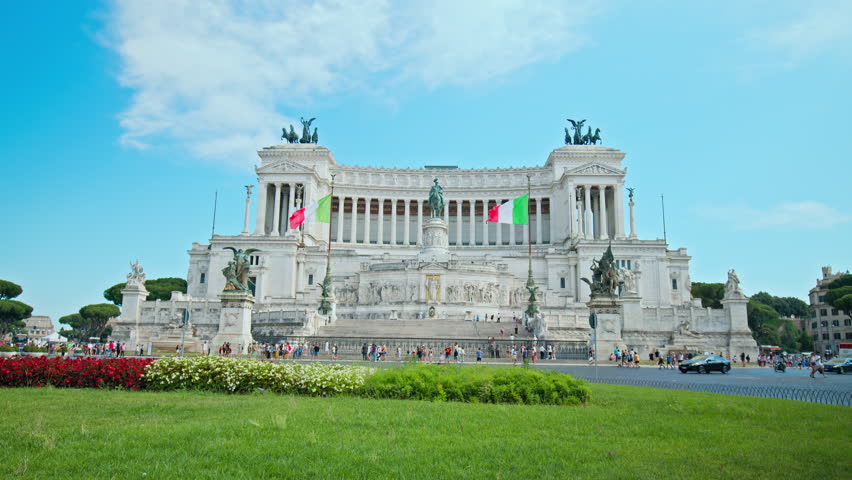 Amazing Landmark of the Altar of the Fatherland in Rome surrounded by people. The war memorial, also known as Unknown Soldier in Piazza Venezia in the center of Rome.