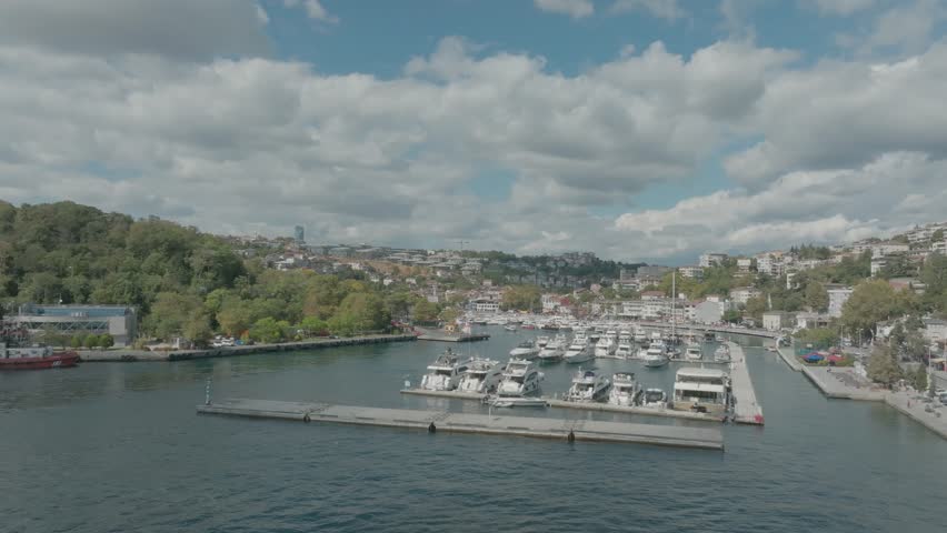 Aerial Drone istanbul Marina Sarıyer bird flight over yachts. İstanbul,Sarıyer,Türkiye