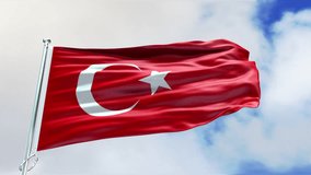 Turkey Flag. Waving Turkish flag on the Blue Sky background, Close-up. National Turkey Flag, 3D 4K video