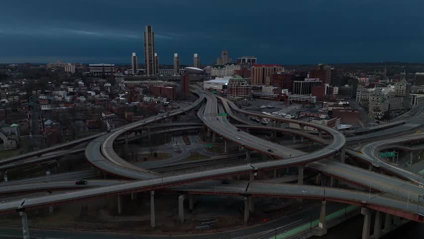 Albany, New York highways and skyline from above