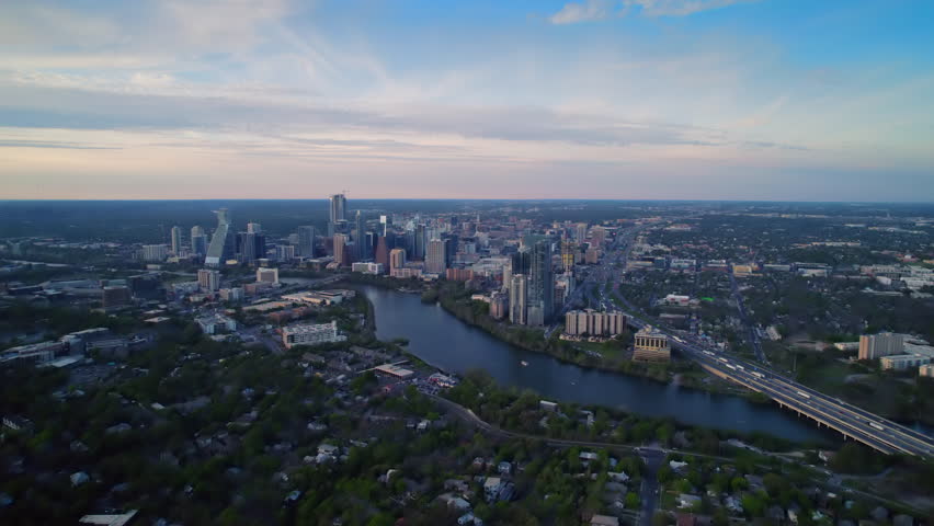 Aerial view of Austin downtown at sunny day at evening. Business centre in south city of state Texas. 