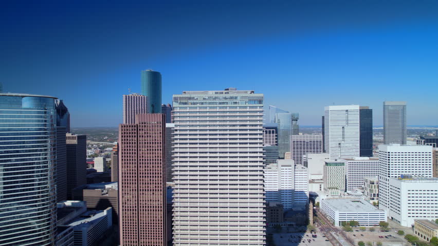 Aerial view of downtown Houston during a good sunny day. Buildings in centre big city.