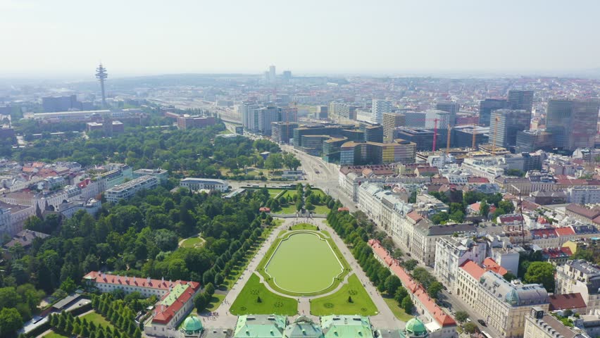 Inscription on video. Vienna, Austria. Belvedere is a baroque palace complex in Vienna. Built by Lucas von Hildebrandt at the beginning of the 18th century. Multicolored text appears and disappears,
