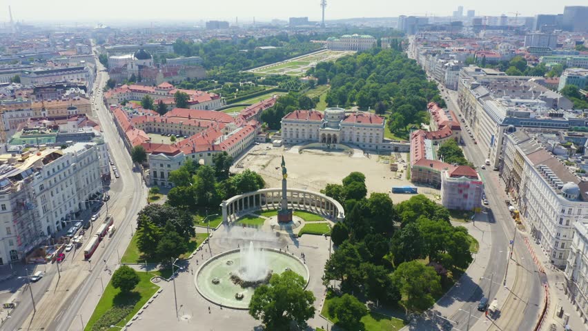Inscription on video. Vienna, Austria. Monument to Soviet soldiers. Flames with dark fire, Aerial View, Point of interest